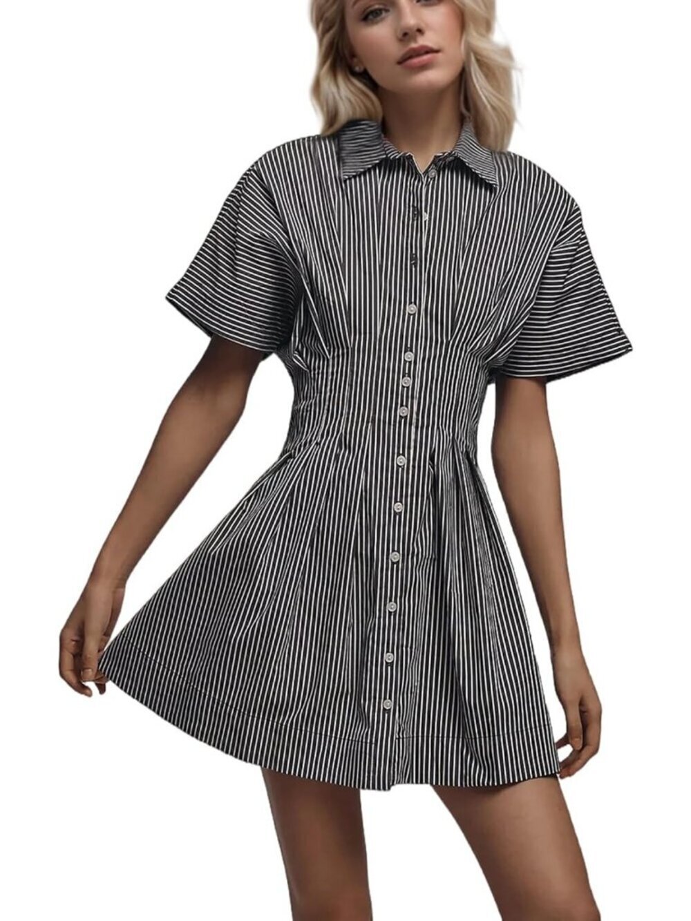 Women's Black Straps Down Pleated Shirt Striped Short Sleeve Casual Mini Dress